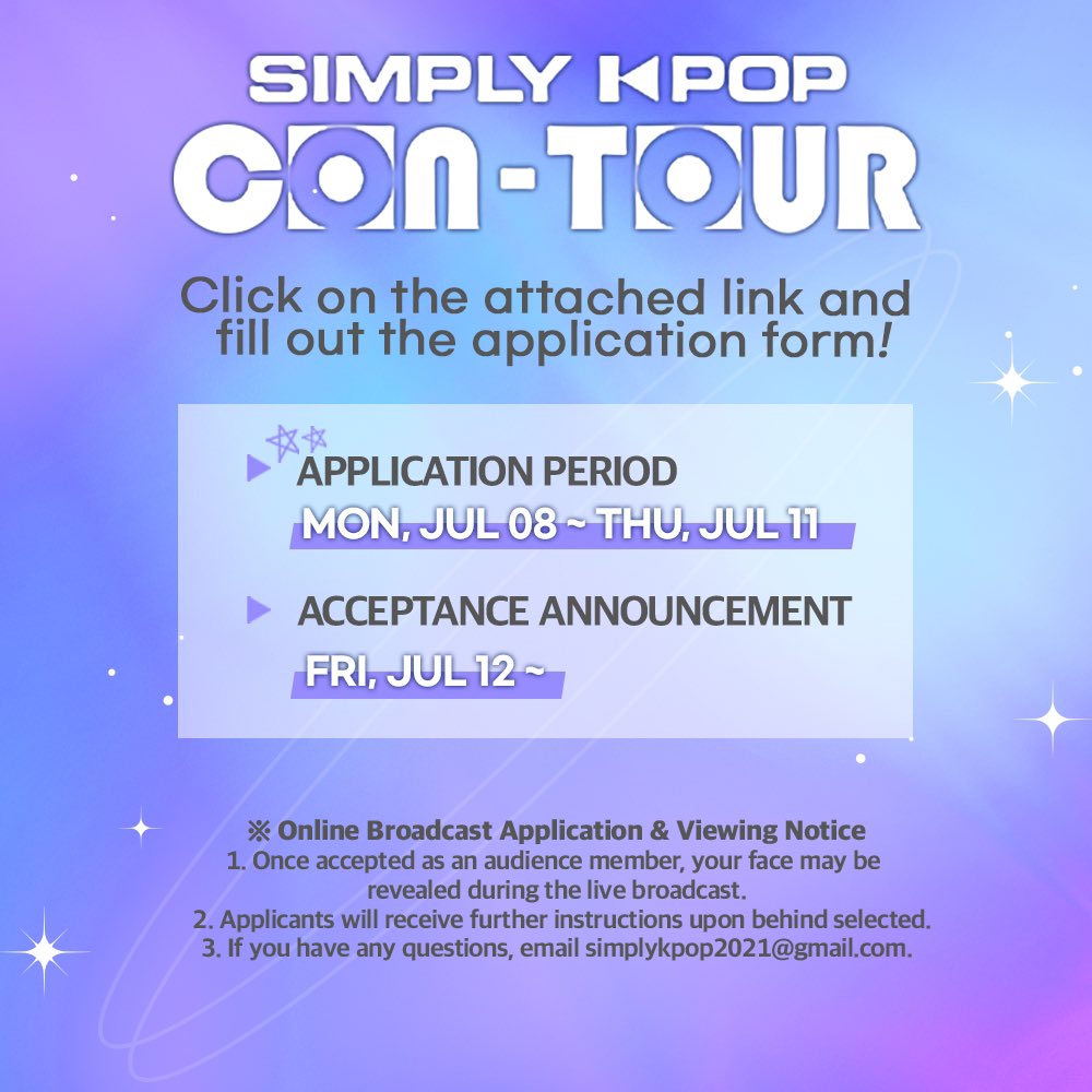 🌏SIMPLY K-POP CON-TOUR Online Audience Announcement🌏 

Join us online with your favorite K-Pop stars by filling out the Online Audience application below! 

*This is to apply to be part of the ONLINE audience*

forms.gle/PdwXqn9uCLmaaY…