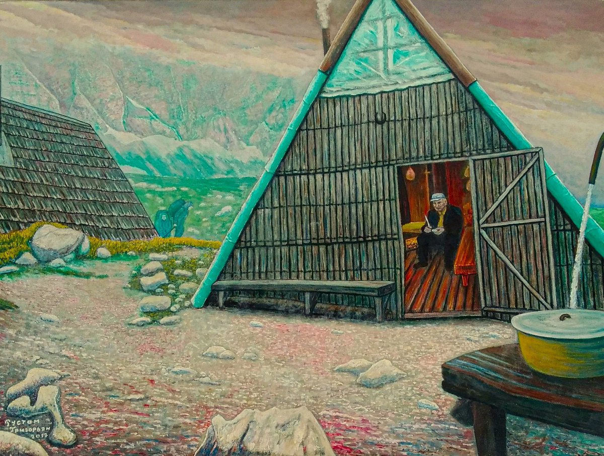 Hut in the mountains. Oil painting. 2017.