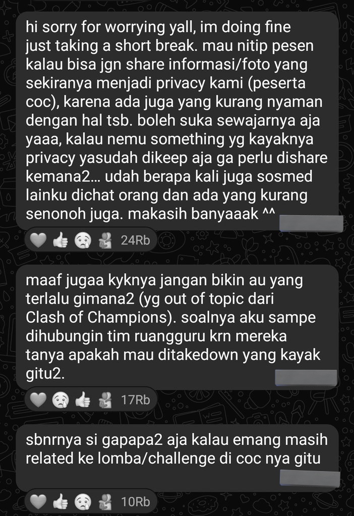ftwonwoos's tweet photo. guys sandy sudah negur lewat saluran wa nya, jadi tolong untuk teman teman yang udh terlanjur buat au yang oot dari coc bisa tolong untuk di takedown aja, mari kita sama sama menghargai privasi mereka! :D https://t.co/N3jOkm8zaN