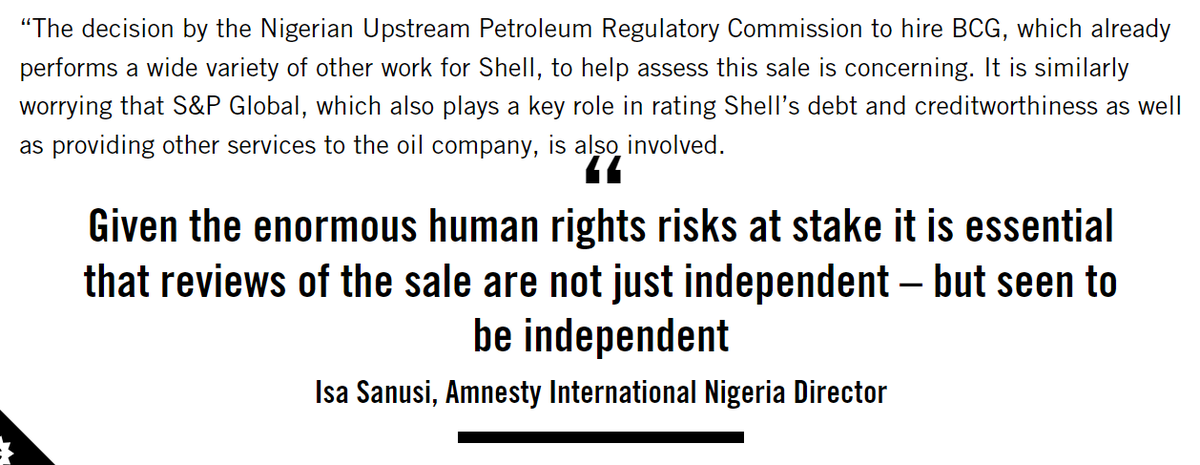Our latest:

The regulator overseeing Shell’s sale of its business in Nigeria must avoid any perceived conflict of interests by ensuring and guaranteeing the full independence of any consultants it uses to review Shell’s proposed sale. 

amnesty.org/en/latest/news…
