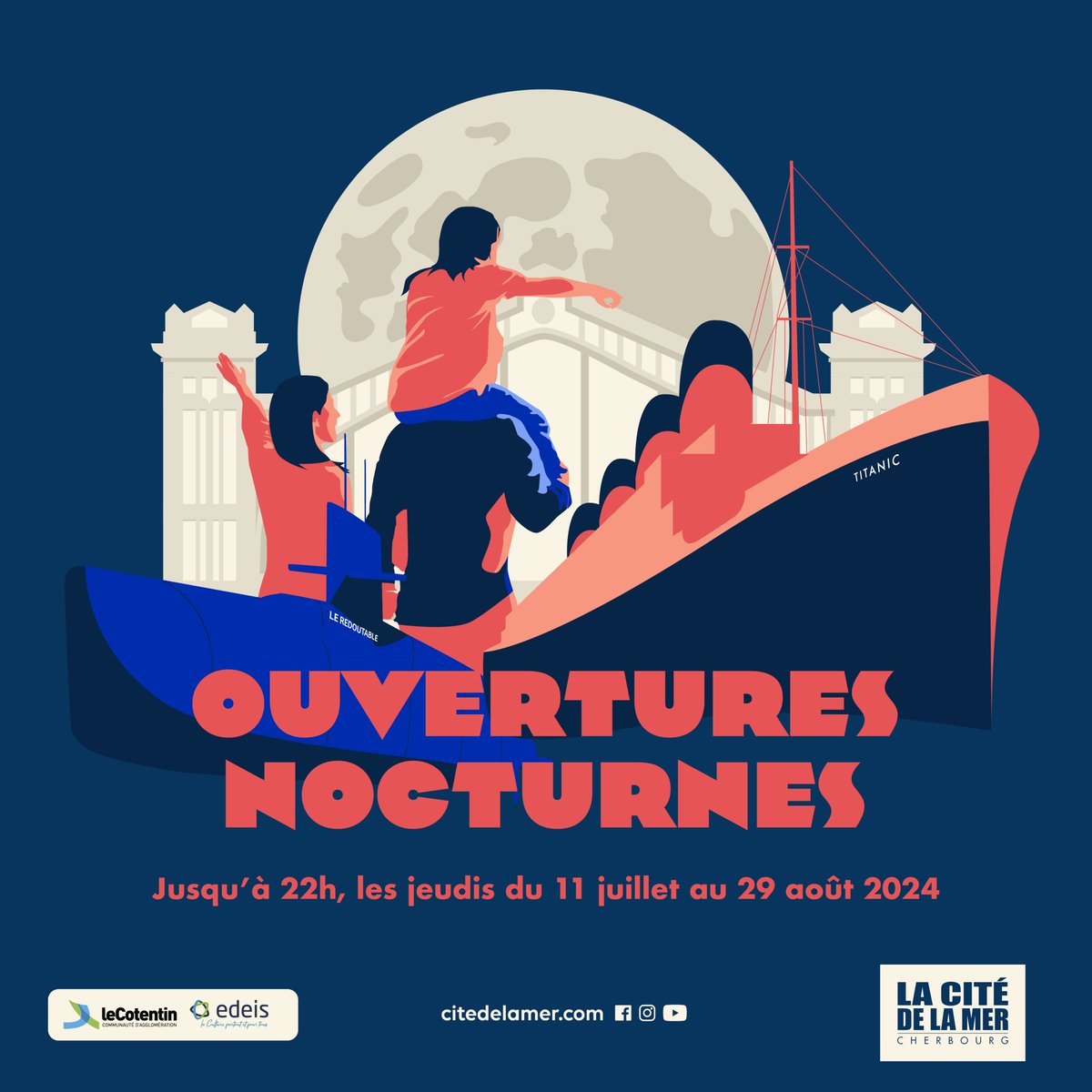 C'est nouveau: cet été venez visiter notre site en nocturne chaque jeudi ! Le Redoutable, "Titanic, retour à Cherbourg", "L'Océan du futur" &amp; "Océan sur écoute" 🆕 seront accessibles jusqu’à 22h (ouverture dès 9h30 le matin). Les caisses fermeront à 20h30 😉
#cherbourg