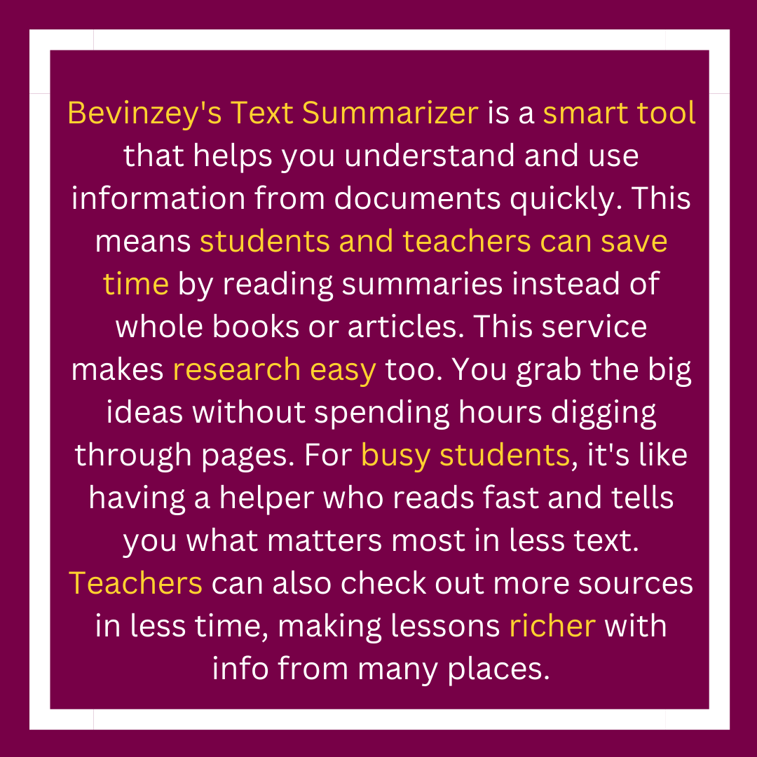 bevinzey's tweet image. Discover Bevinzey's Text Summarizer AI Tool—a game-changer for students and teachers! Save time and enhance learning with quick access to key insights from documents. Learn more about this innovative tool! 🌐💡
#TextSummarizer #AI #EducationTool #ResearchEfficiency #LearningTech