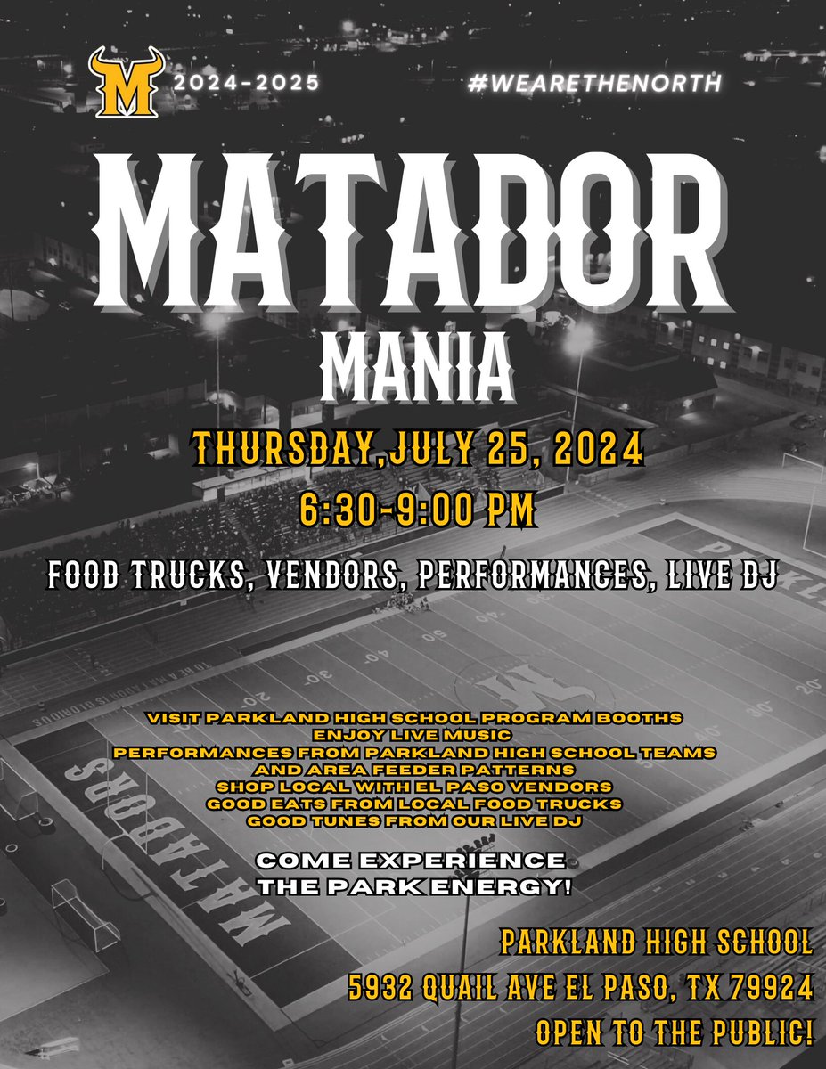 Another year…another round of Matador Mania! 〽️🤘🏽 Come out &amp; join us @ The Park and experience the Matador Energy for the 2024-2025 school year! Local vendors, food trucks, performances &amp; much more! 🔥 FREE to the general public! Bring the family! <a href="/YsletaISD/">Ysleta ISD</a> #BeAMatador