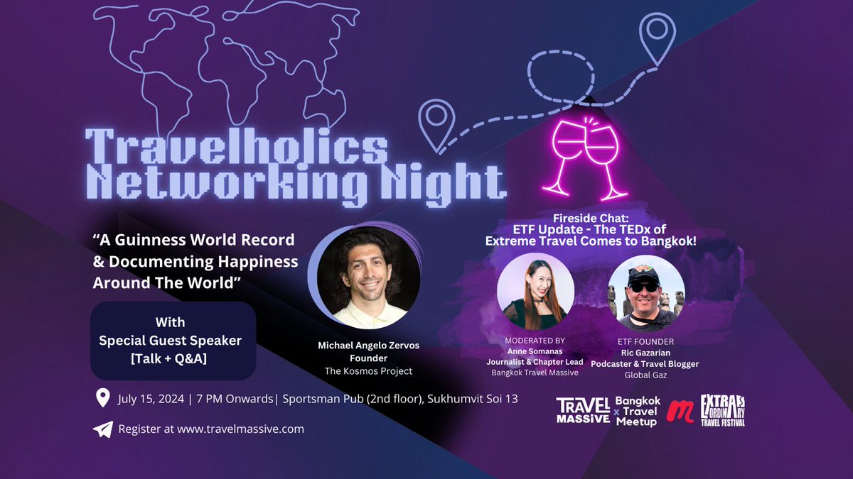 Global_Gaz's tweet photo. Are you in Bangkok? Come to this great, fun & free travel meetup on July 15
Our guest speaker, Michael Zervos, is travelling to every country in the world and documenting happiness
Join today
https://t.co/FHF906cTQp
#Bangkok #meetup #travel #event #BangkokEvent #travelmeetup https://t.co/bSYAGbOnt8