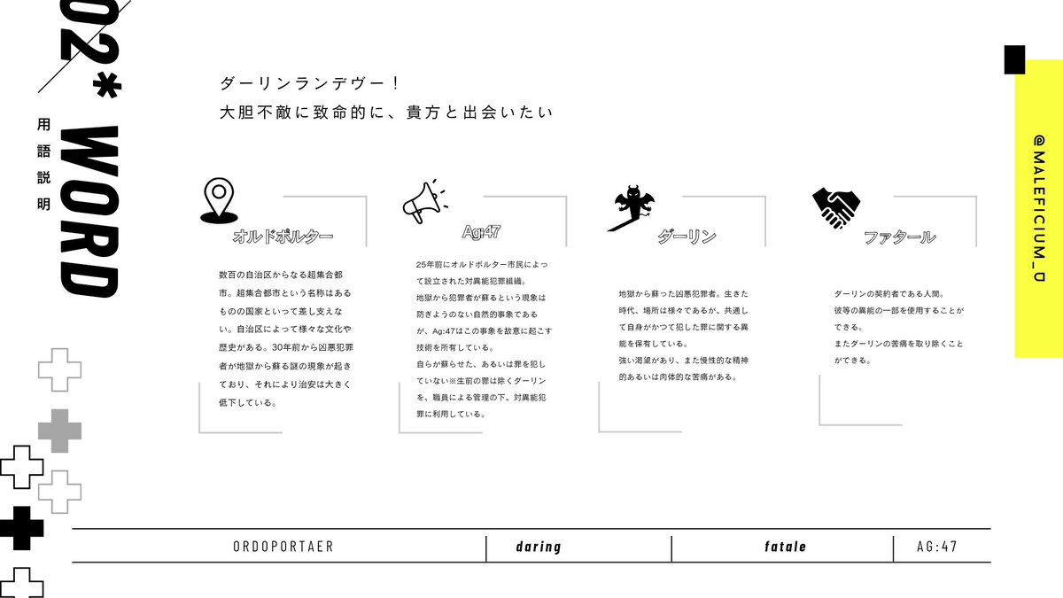 ✧悪人×バティ×現代ファンタジー
✧世界観共有
✧架空都市を舞台に、毒をもって毒を制すアングラ現代ファンタジー

◢◤ダーリンランデヴー！◢◤

一定数以上の反応で始動予定

#創作企画
#一次創作企画