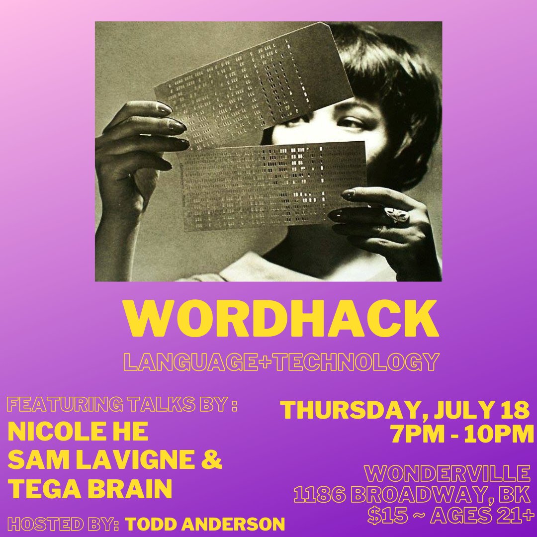 wondervillenyc's tweet image. This month&apos;s WordHack is on Thursday, July 18th at 7pm featuring talks by @nicolehe, @samlavigne &amp;amp; @tegabrain as well as a special EXTENDED Open Projector! Come share something for 5 minutes or less!
$15 ~ Hosted by @toddwords