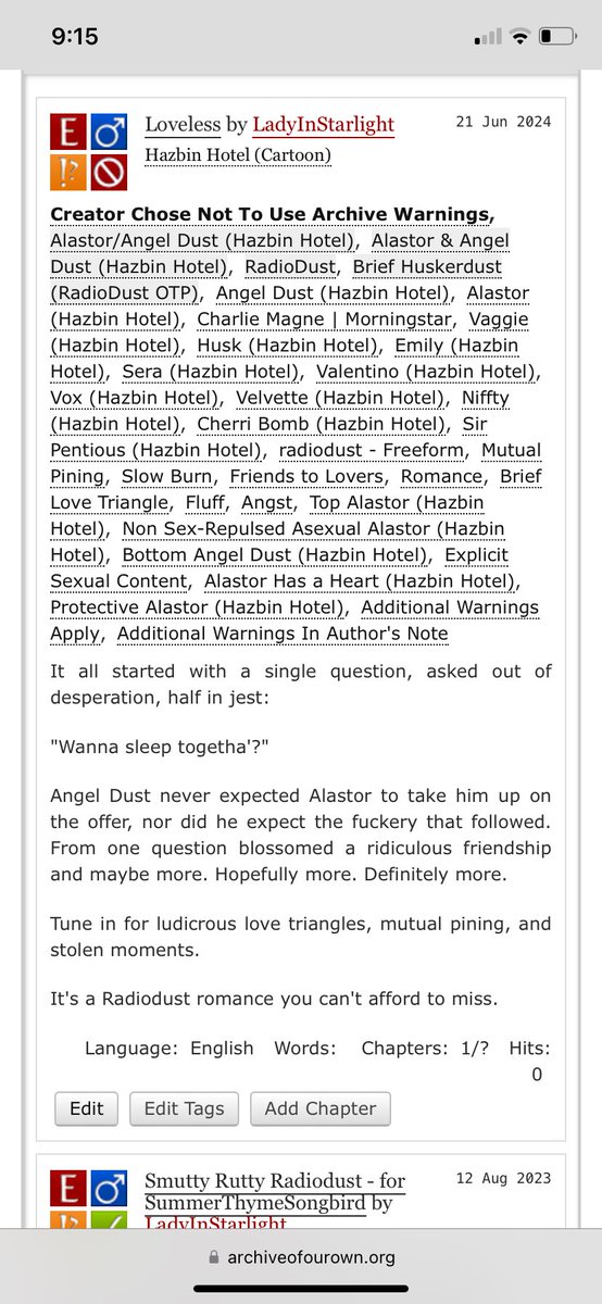 Chapter 7 is now available. 👁👄👁

#HazbinHotel #Radiodust #Fanfiction #Fanfic #AngelDust #Alastor 

Loveless by LadyInStarlight - Hazbin Hotel (Cartoon) archiveofourown.org/works/56821666 via <a href="/ao3org/">ao3</a>