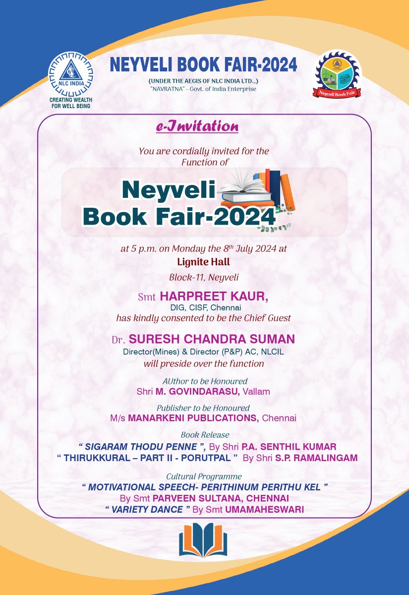 nlcindialimited's tweet photo. Quench your Thirst for Knowledge with the "Second Largest Book Fair of Tamil Nadu" at Neyveli from 05.07.2024 to 14.07.2024.
#NLCIL #NLCILForTheSociety #NeyveliBookFair2024 #SecondLargestBookFairOfTN https://t.co/kPG25BioXa
