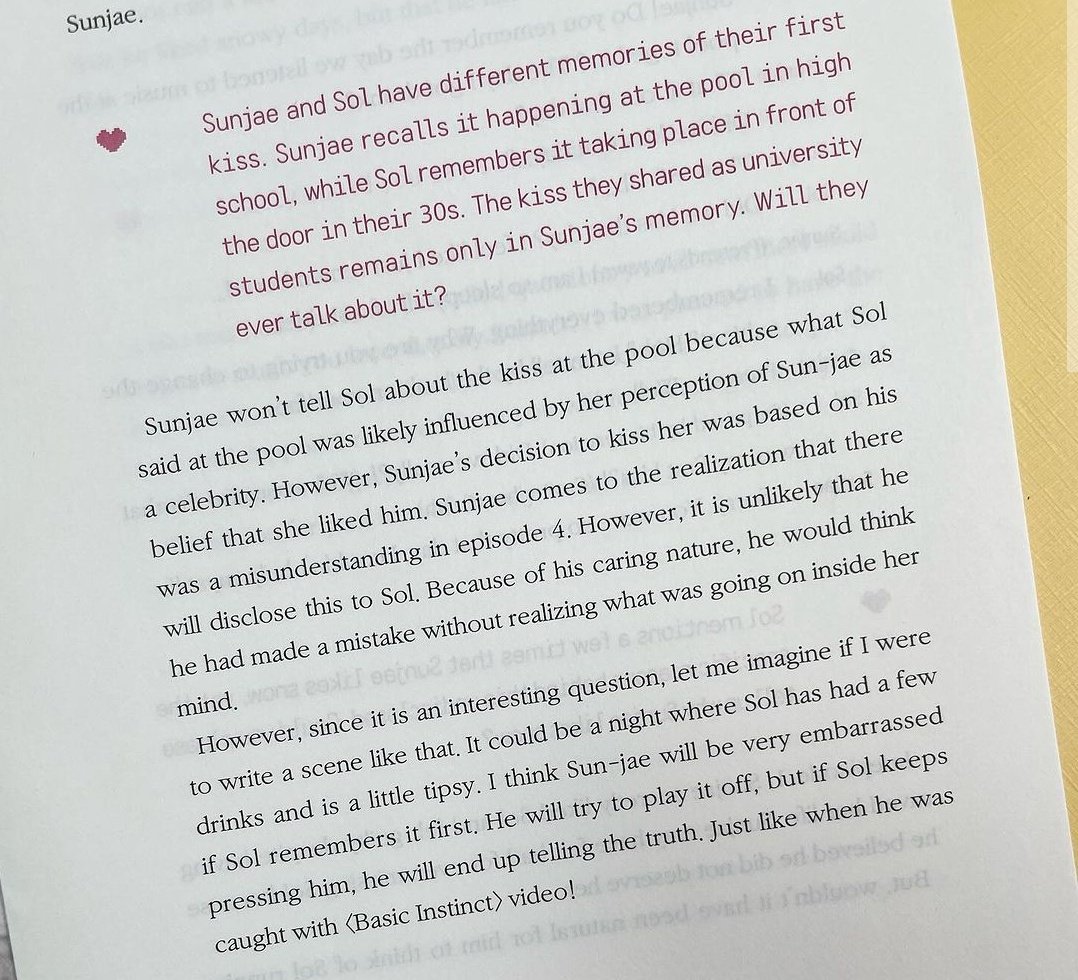 SolSunjae have different memories about their first kiss.

Sunjae says that what Sol said at the swimming pool was not for him a a man. He realized that she was saying that while looking at him as a fan.
He says he won't tell Sol about the pool kiss..