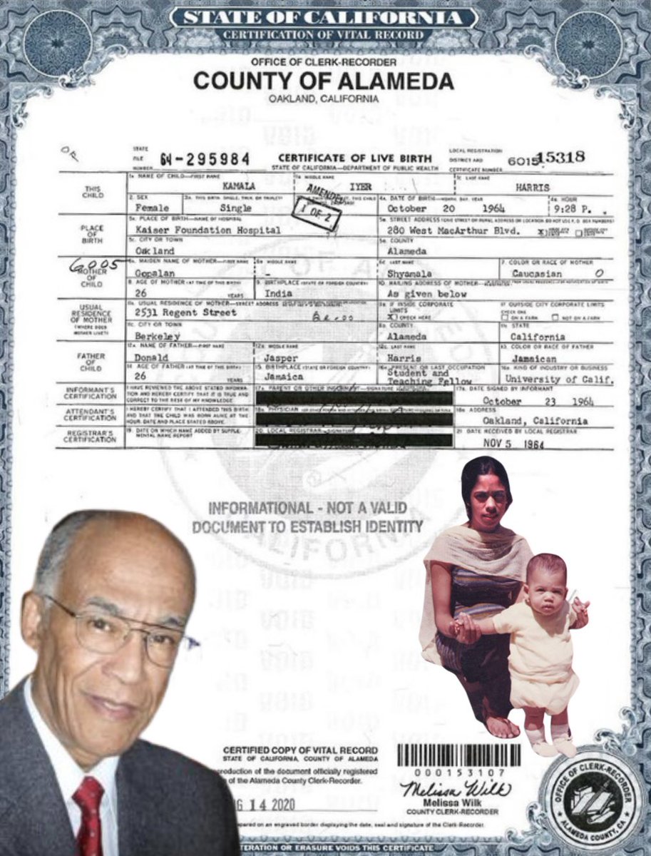 MattWallace888's tweet image. HERE IS A PICTURE OF KAMALA IYER HARRIS’S BIRTH CERTIFICATE ⚠️

Her mom was born in India

Her dad was born in Jamaica

They met through mutual activism at the socialist University of California Berkeley…

SHE IS AN ANCHOR BABY WITH TWO HARDCORE EXTREME-LEFT POLITICAL ACTIVIST…