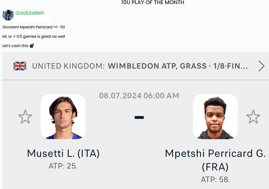 ItsCappersPicks's tweet image. #OUTOFLINEBETS PLAY OF THE MONTH🔥🔥

#MATCHPOINTBETS 

Zverev -167 5U

Mpetshi Pericard +105 2U

Gmp/Musetti O3.5 Sets + Djokovic Parlay 2U

Fils +5.5 -110 2U

Fils/De Minaur O3.5 Sets 2U

7/9

Daniil Medvedev +5.5 -120 5U