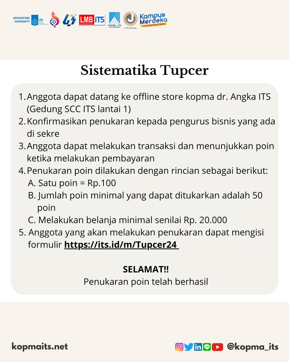 Halo sobat kopma semuanya 🙌🏻
Bagi kalian anggota aktif Kopma yang punya poin keaktifan,  dapat menukarkan poin tersebut menjadi potongan harga saat belanja di unit bisnis kopma ✨✨ 
CP
Vita: 085748923899
Rimah: 08586910847
#KopsisBisnis
#KabinetJatiswara
#KopmaITS
#ITSSURABAYA