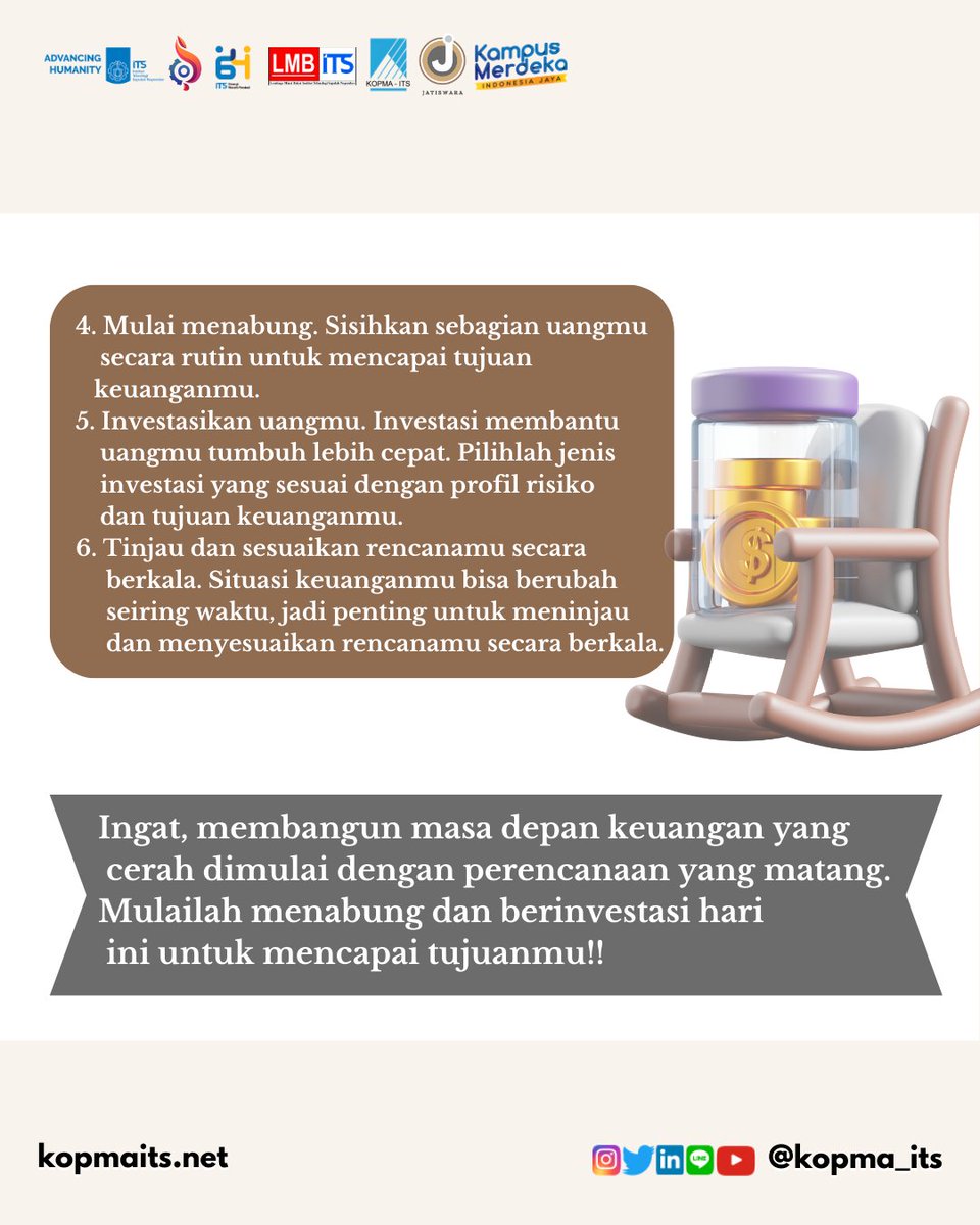 Halo Sobat Kopma! 
Pernahkah kalian memikirkan masa depan keuangan kalian? Meskipun terlihat seperti mimpi yang jauh, perencanaan untuk tujuan keuangan jangka panjang sangat penting nih untuk mencapai kehidupan yang kalian impikan.Yuk, langsung simak pembahasan selengkapnya !