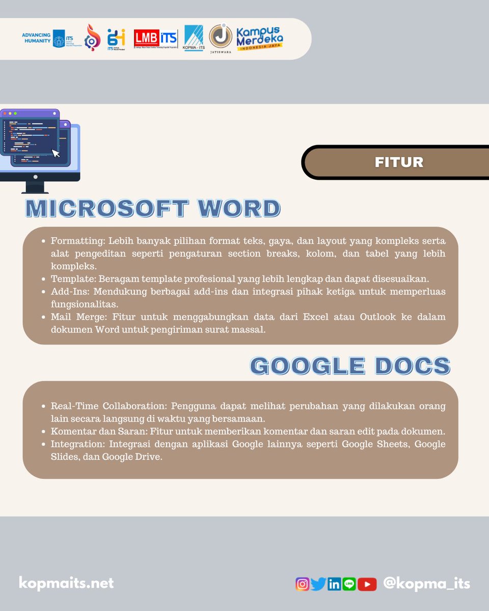 ✨Halo sobat Kopma semuanya✨
Pasti udah gak asing dan sering menggunakan Microsoft Word dan Google Docs kan??📑
Kira-kira apa aja ya perbedaan dua aplikasi tersebut??
Fitur-fitur apa aja yang membedakan keduanya?
Penasaran kan?
Disimak baik-baik ya penjelasannya🤗