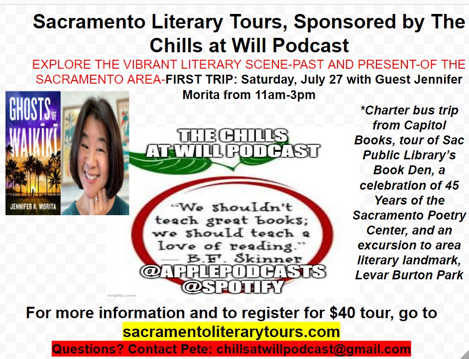 Sacramento Literary Tours is now open for business! On July 27, Jennifer Morita will be speaking at <a href="/CapitalBooksOnK/">CapitalBooksOnK</a> about her debut, Ghosts of Waikiki. The bus tour then moves to Sacramento Poetry Center and to <a href="/levarburton/">LeVar Burton</a> Park!

Info and signups: sacramentoliterarytours.com