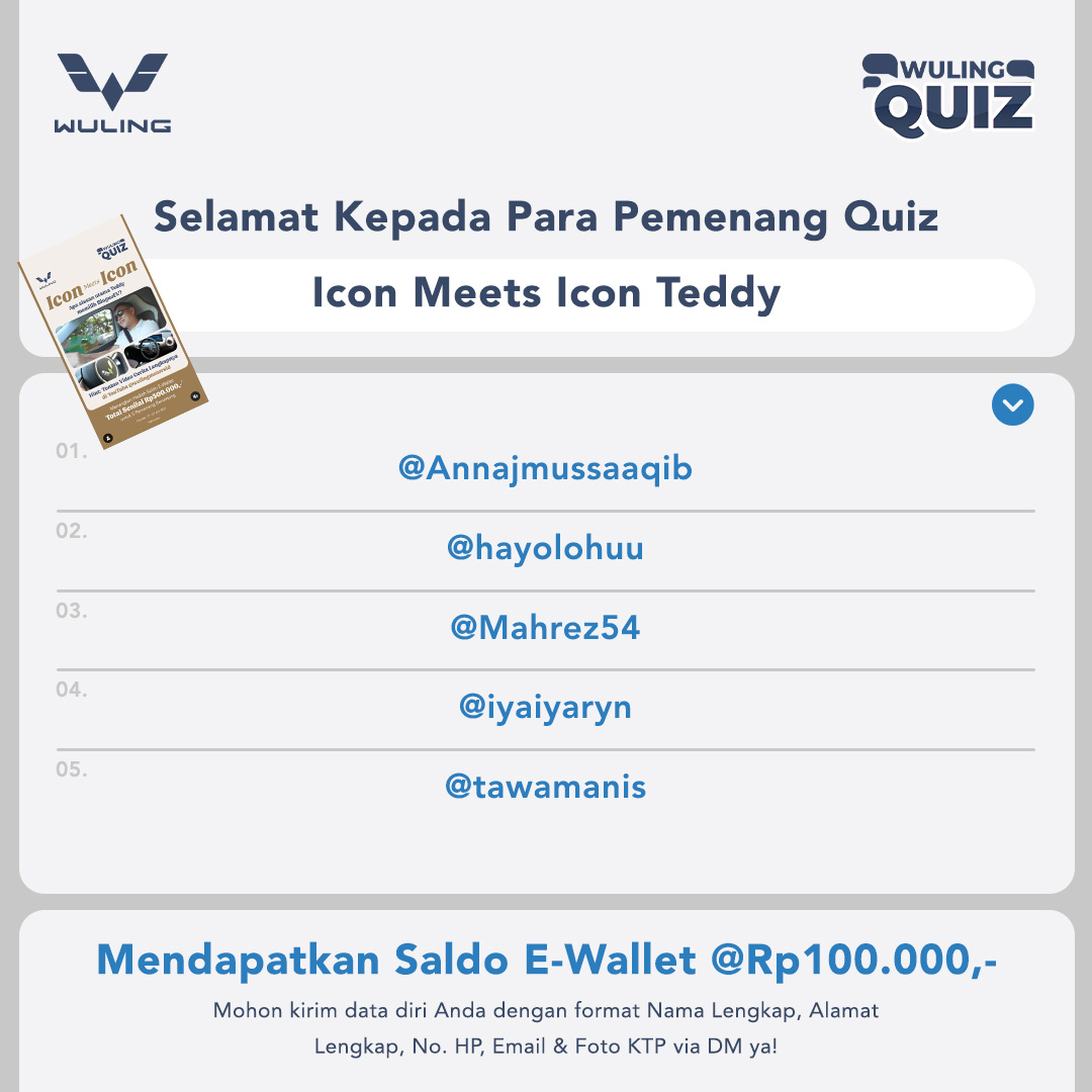 WulingMotorsID's tweet image. Selamat Kepada Para Pemenang Quiz #IconMeetsIcon Teddy

@Annajmussaaqib
@hayolohuu
@Mahrez54
@iyaiyaryn
@tawamanis

Mohon kirim data diri Anda dengan format Nama Lengkap, Alamat Lengkap, No. HP, Email &amp;amp; Foto KTP via DM ya!

#WulingMotors #WulingQuiz