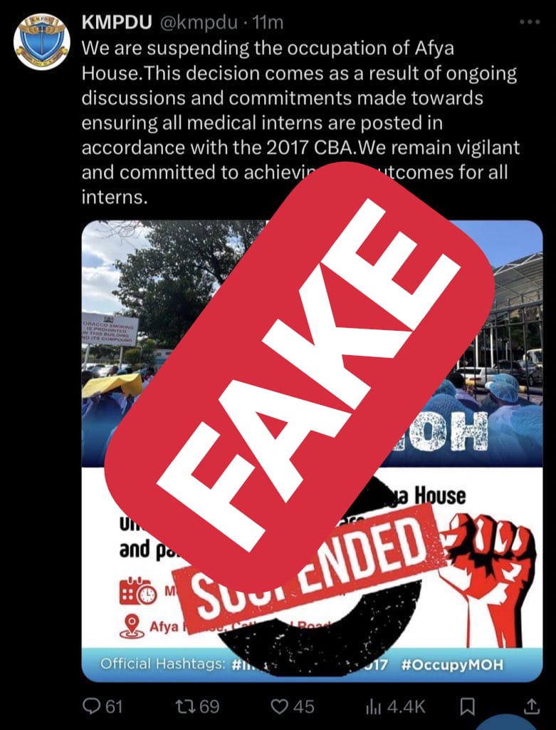 Ignore thos fake post by KMPDU #OccupyMOH is not a Union driven movement it's a Kenyan driven movement for better healthcare and for the benefit of Medical interns who's lives have stagnated for 2 years due to incompetence and ignorance of <a href="/Nakhumicha_S/">Nakhumicha S. Wafula E.G.H</a> and Mafya house