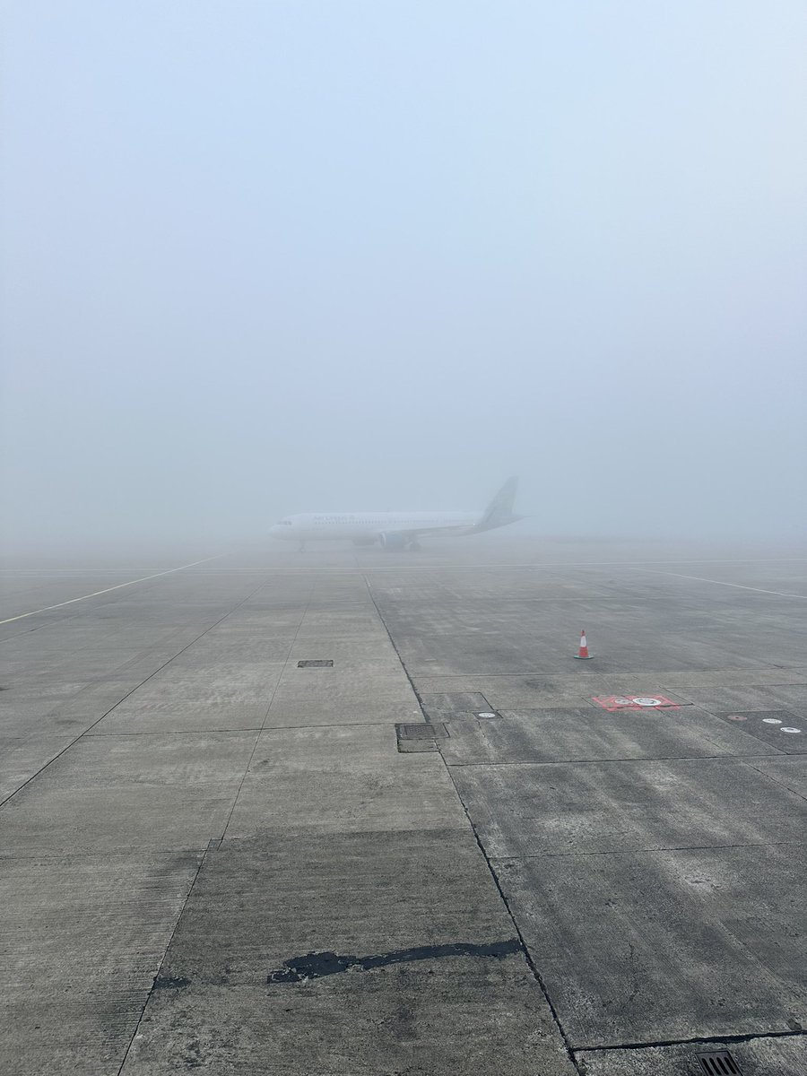 cycleireland's tweet photo. Very foggy Morning at  Shannon airport. 
EI110 from JFK just arriving on stand through the fog. Visibility only 300m at best. @CarlowWeather https://t.co/HMBL2hlqKK