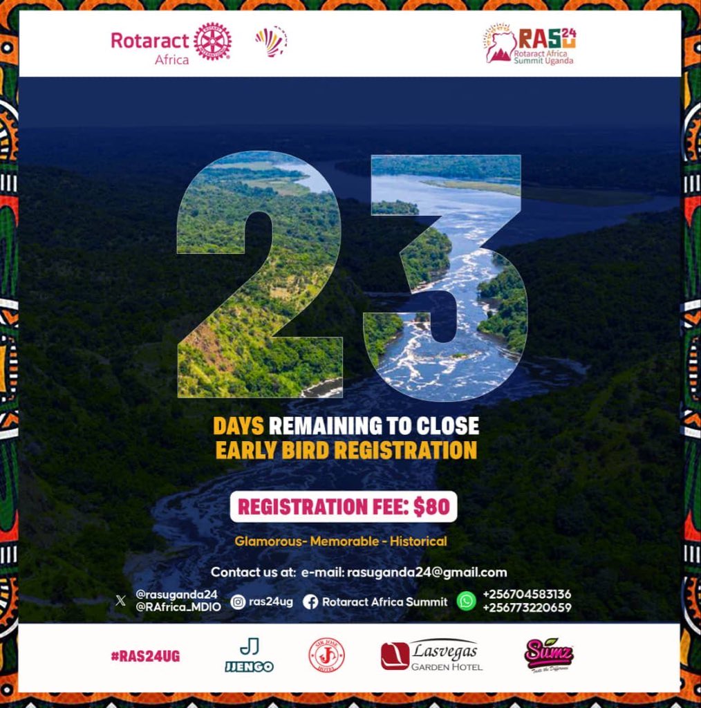 Rotaract Africa Summit, Uganda Edition 🇺🇬 🙌 👏

#23DaysToGo

convene.jjengo.com/rotary/confere…

Have you registered and paid yet?

Registration Fee: 80USD
Early Bird Registration Deadline: 31st July 2024
Venue: Las Vegas Hotel, Bunga, Kampala

#RAS24UG