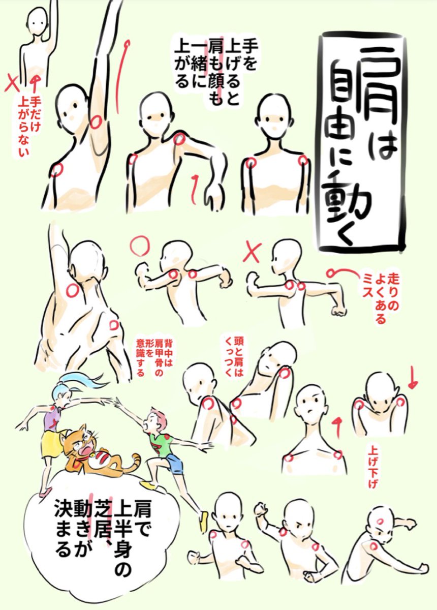 迷ったら服を脱げ⁈ 大体みんな肩腰が描けません。 肩腰の可動域は思ったより広く、木偶人形発想だとポーズが硬くなります。 わからなくなったらとりあえず服を脱いで自分の体で確認しましょー。 なんと顔は横向いただけで向いた方の肩が上がり、逆が下がる。 観察しないとわからない。
