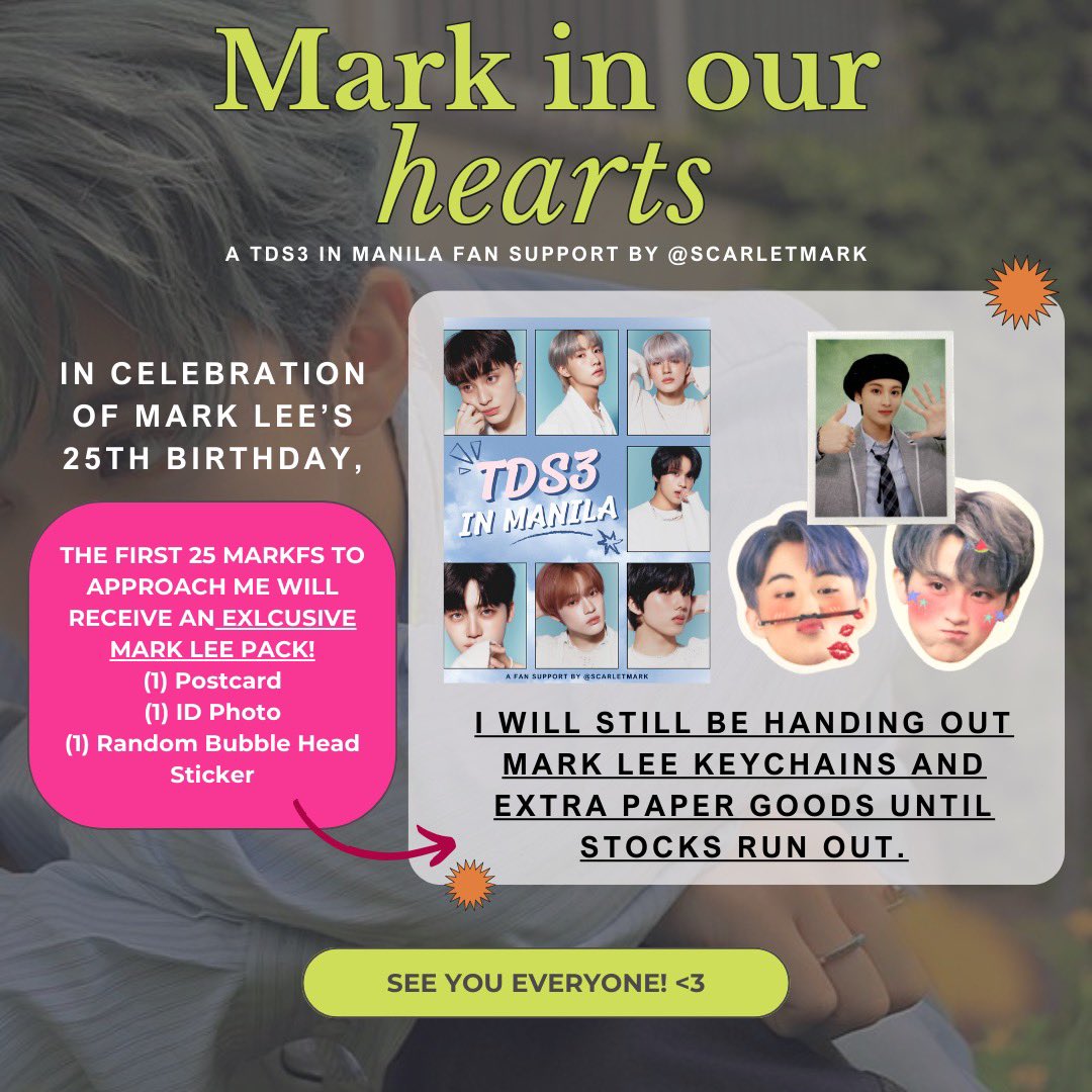 scarletmark's tweet photo. 🫧 MARK in our HEARTS 🫧

A TDS3 Fan support by @scarletmark 

💭 Aug 10 (time &amp; loc tba)
💭 mbf, like, rt
💭 1:1 | limited quantity
💭 open for trades!

First 25 markfs will get an exclusive mark lee pack!🫶🏻(see 2nd pic)

#NCTDREAM_THEDREAMSHOW3_in_MNL  #THEDREAMSHOW3_in_MANILA https://t.co/T5op2AJdqP
