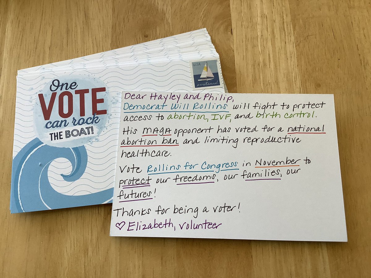 wordygirl11's tweet photo. This is my contribution for today to the cause of democracy: helping to elect Will Rollins to Congress in CA-41 and send Ken Calvert on his way. #ActivateAmerica #PostcardsToVoters #GOTV #WillRollins https://t.co/55rcijKD6w