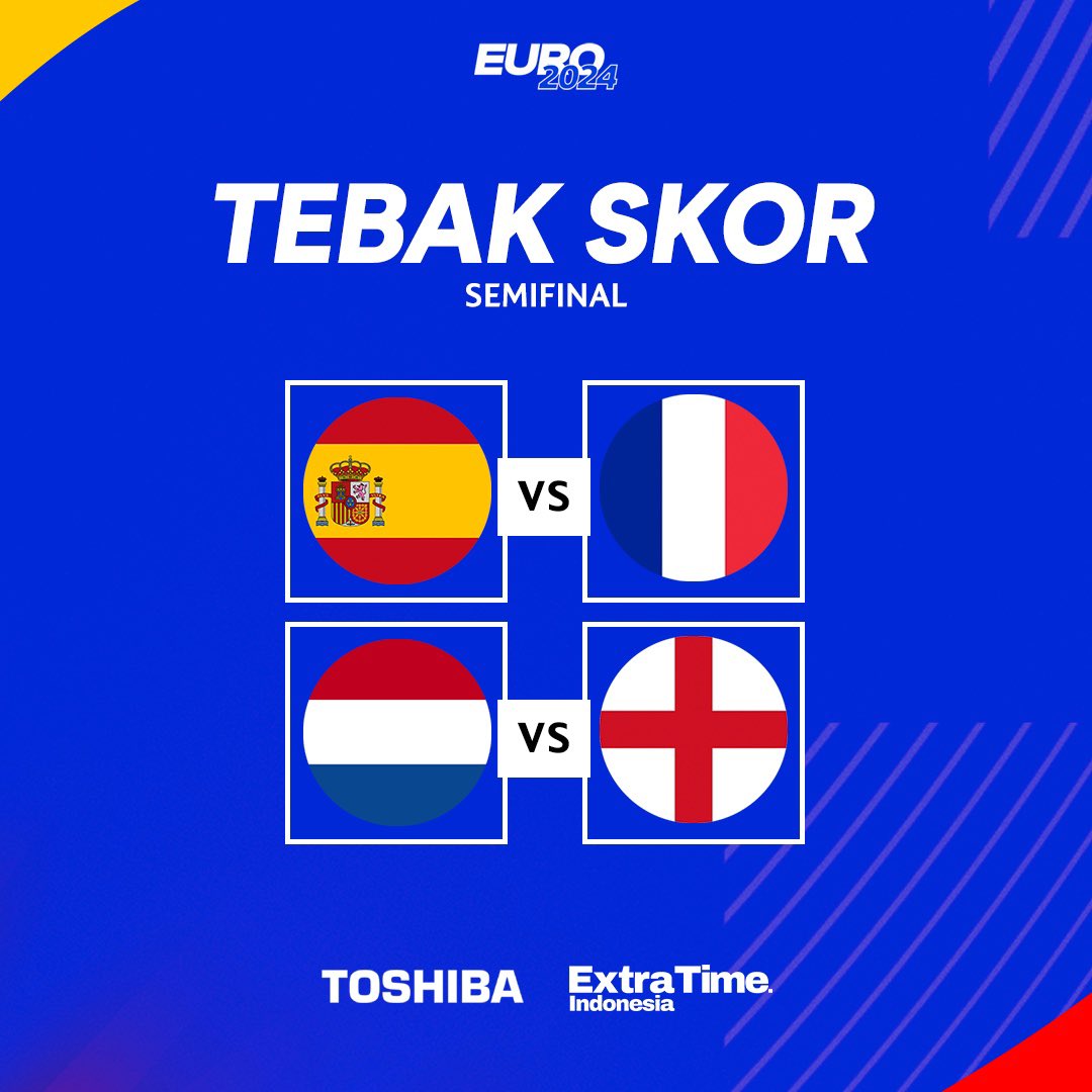 ⚡️ Kuis Tebak Skor! 
Spanyol vs Prancis &amp; Belanda vs Inggris
Berhadiah Jersey Toshiba dan Saldo Gopay untuk 13 pemenang!👀

Contoh:
Spanyol 2-1 Prancis
Belanda 2-0 Inggris #FeelTheVibes

Syarat:
- Follow <a href="/toshibatv_id/">Toshiba TV</a>
- RT dan Like post ini
- Jangan lupa hashtag
- Max jawab 3x
-