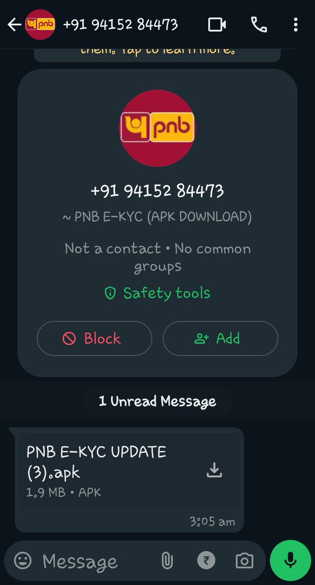 pipepan99's tweet photo. @cyberpolice_up @Cybercellindia @CybercrimeSp @Cyberdost 
#cyberpolice_up #cyberdost 
@pnbindia
#pnbindia
Kindly take action against Mobile No
 9415284473
This number sent apk for ekyc. In garb of PNB logo they are doing cyber fraud https://t.co/RmbQ6A8sYr