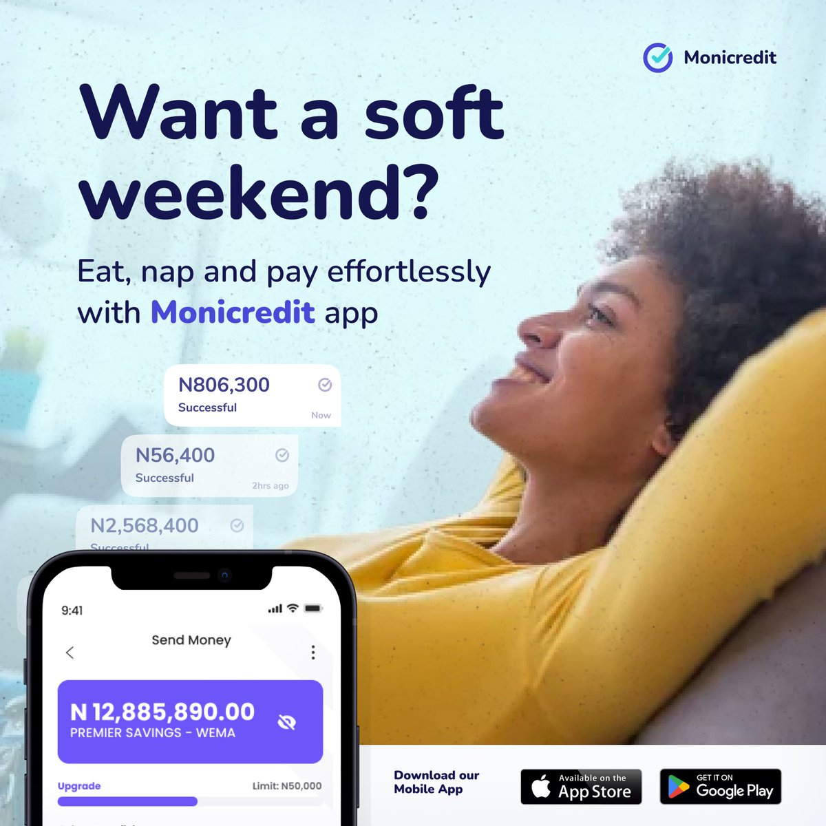 autocreditpay's tweet image. Craving a Soft Weekend?
Eat, nap, and pay effortlessly with the Monicredit app.
Download Now!

#softweekend #monicredit #effortlessliving #weekendvibes #relaxandenjoy #easypayments #stressfreelife #downloadnow