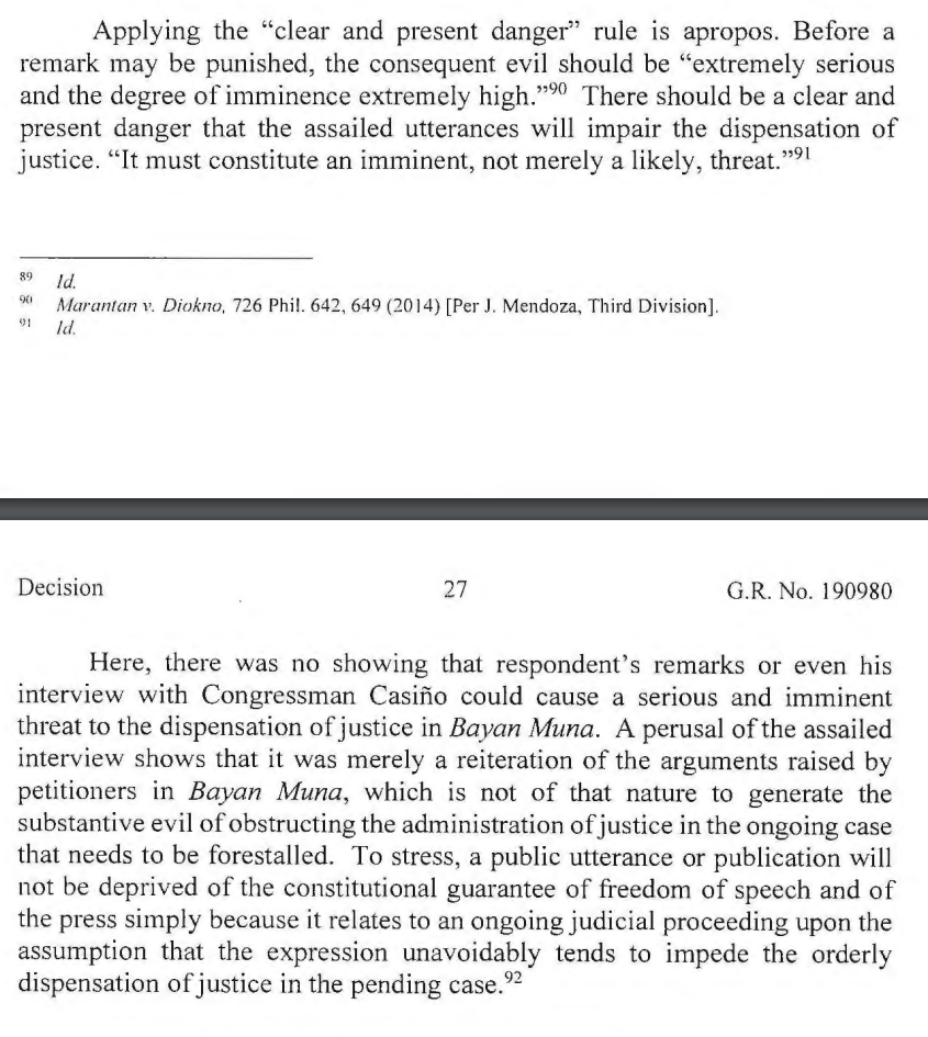 ohlistic's tweet photo. For commentary to constitute contempt of court, it must appear that it interferes and humiliates the dispensation of justice. Applying the clear and present danger standard in assessing if the remark may be punished, is appropriate. (Stradcom v. Failon, G.R. 190980, 10 Oct 2022) https://t.co/wK9xXcX1rt