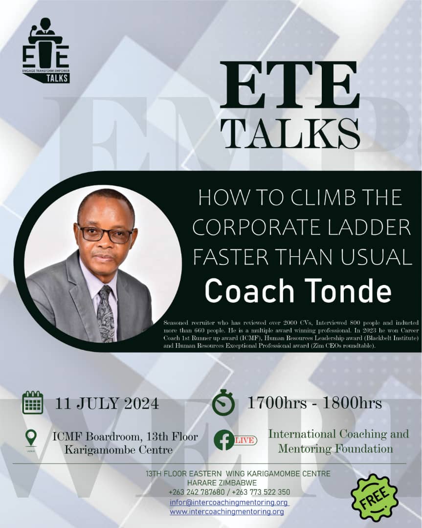 Join us this Thursday, 11th of June 2024, for the ETE TALKS 
1700hrs-1800hrs CAT
ICMF BOARDROOM KARIGAMOMBE CENTRE
Topic :How to climb the Corporate Ladder faster than usual*               
Coach Tonde~Speaker 
chat.whatsapp.com/BoWNn6o4ETjCgd…