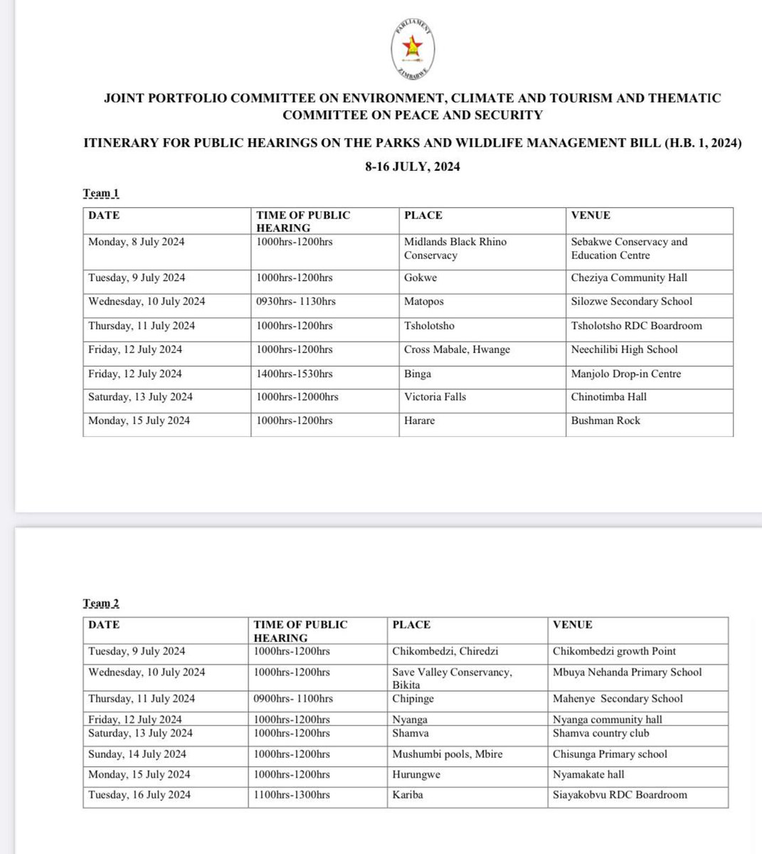 Public hearings on the Parks and Wildlife Management Bill will be underway countrywide from 8-16 July. 
Women, have your say on this important Bill.
<a href="/OpenSocietyAfr/">Open Society-Africa</a> <a href="/MChiponda/">Dr Mela Chiponda</a> <a href="/awdf01/">African Women's Development Fund</a> <a href="/woman_kind/">Womankind Worldwide</a> <a href="/mwacsmed/">Ministry of Women Affairs_Zw</a>