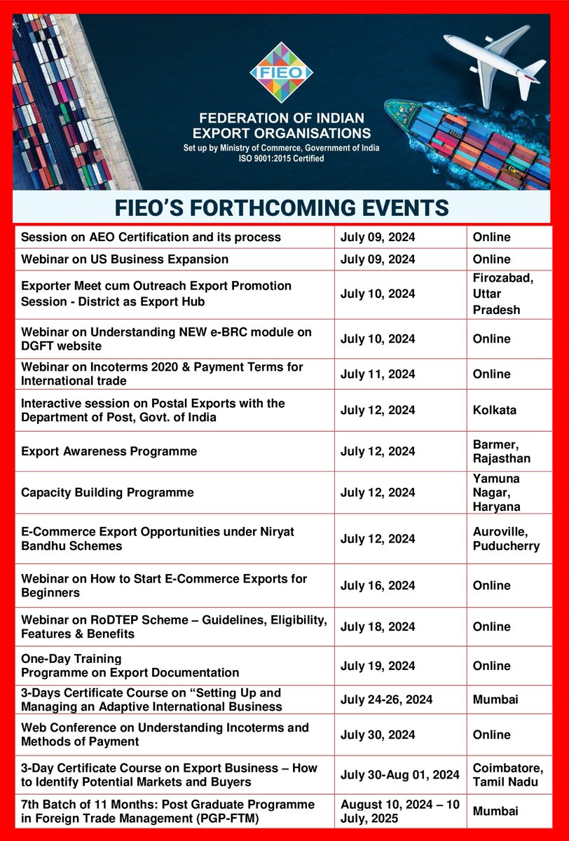 FieoHq's tweet photo. 🌏Stay ahead with FIEO!
Don't miss our upcoming events across India. Explore exports, MSMEs, SEZs, trade finance, logistics, customs, GST, and more.
Join us to seize new business opportunities!
Visit 👉https://t.co/8TqJn02Wnc
#FIEOEvents https://t.co/tEmWR82AqZ