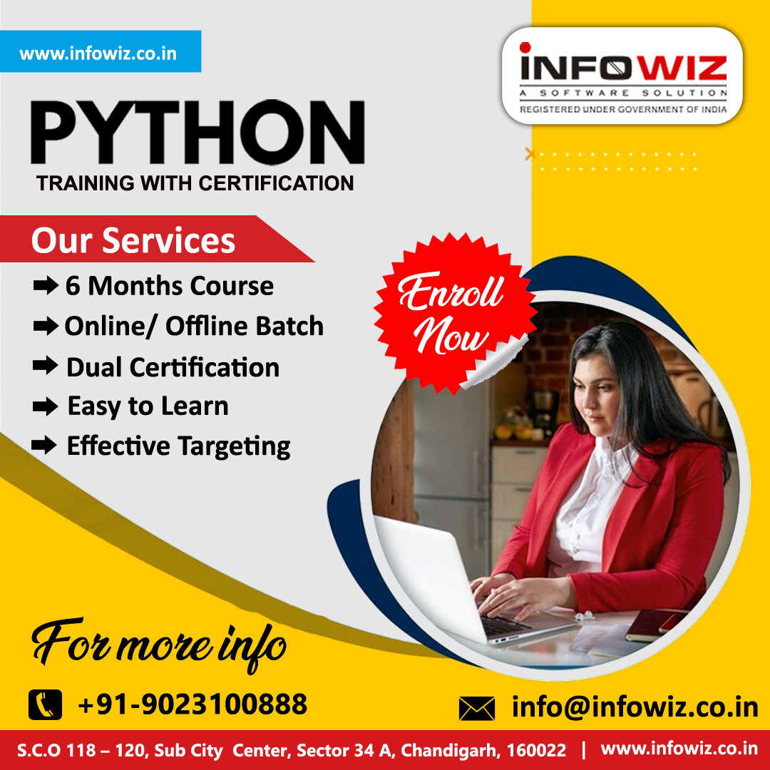Infowiz3's tweet photo. Empower Your Skills, Learn Python Our Python course in Chandigarh offers comprehensive training to help you master the language. From fundamentals to advanced concepts, gain practical skills in web development, data analysis. 9023100888 info@infowiz.co.in https://t.co/wG4EcFCiaK https://t.co/KN5PvdZF8d