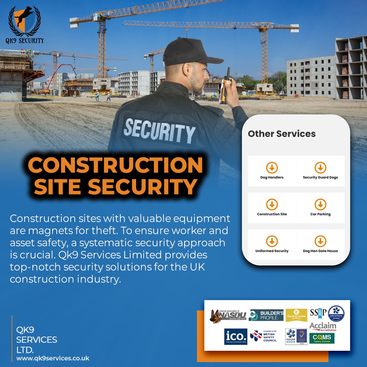 Construction site security: Keep your project on track!  Protect equipment, prevent theft, and ensure worker safety with top-notch security measures. #ConstructionSecurity #SafeSite #PeaceOfMind #qk9 #k9 #uksecurity