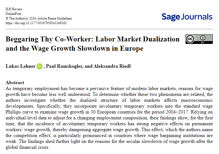 🚨Publication alert🚨
In our new <a href="/ILRReview/">ILR Review</a> paper, we investigate the reasons for Europe's slow wage growth during the past decades.

We find that involuntary temporary employment lowered aggregate wage growth by reducing permanent workers' wages.

doi.org/10.1177/001979…