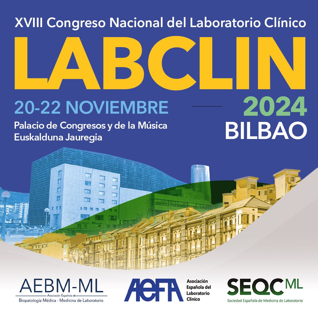 #LABCLIN2024 ¡Se aproxima el XVIII Congreso Nacional del #LaboratorioClinico!
Organizado por las tres sociedades científicas AEBM-ML <a href="/aebmorg/">AEBM-ML</a> ,AEFA <a href="/aefa_es/">AEFA</a> y SEQCᴹᴸ @SEQC_ML.
🧪 20-22 noviembre
📍 Bilbao
👉 labclin2024.es