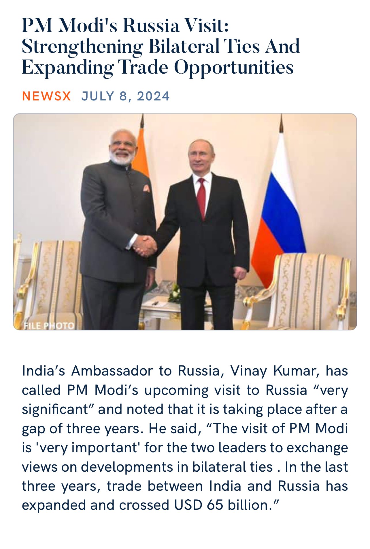 Kirti Vardhan Singh on X: "PM Modi's Russia Visit: Strengthening Bilateral  Ties And Expanding Trade Opportunities https://t.co/AtA8V22eaC via NaMo App  https://t.co/Z64npcKhYm" / X
