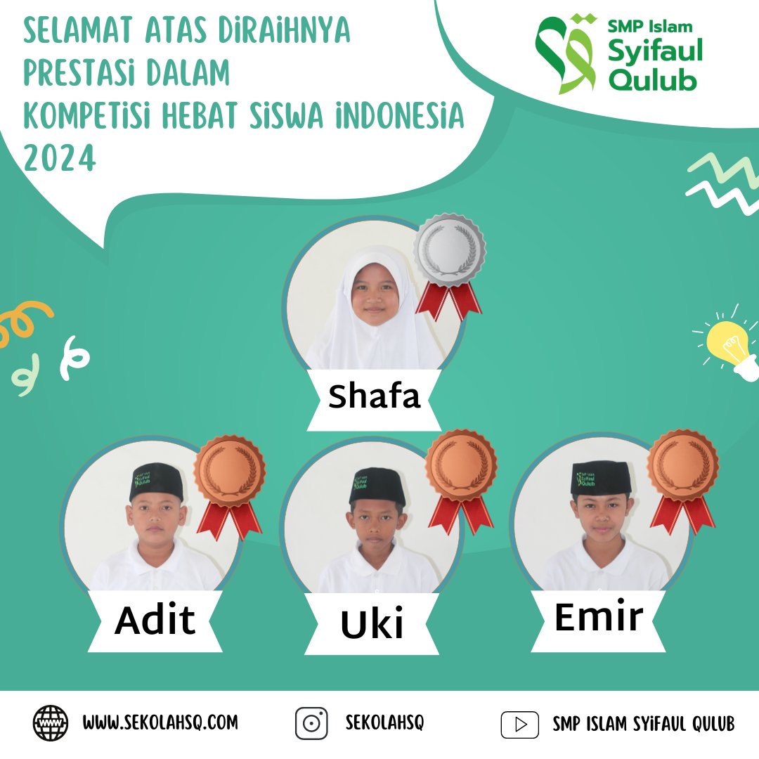 🎉🏆 Selamat kepada Siswa SQ! 🏆🎉

Dengan bangga kami mengumumkan bahwa ananda sekalian, siswa Sekolah SQ berhasil meraih Juara medali perak dan perunggu .

Perjuangan keras, semangat pantang menyerah dan kerja sama yang solid membawanya meraih kemenangan ini.