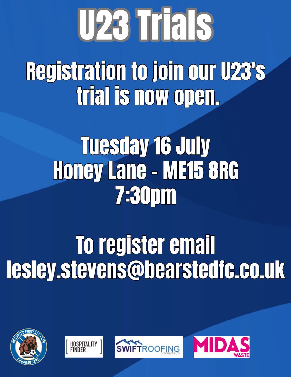 Bearsted_FC's tweet photo. U23’s trials will take place on Tuesday 16 July. Register by emailing Lesley.stevens@bearstedfc.co.uk https://t.co/inAzJyzikP