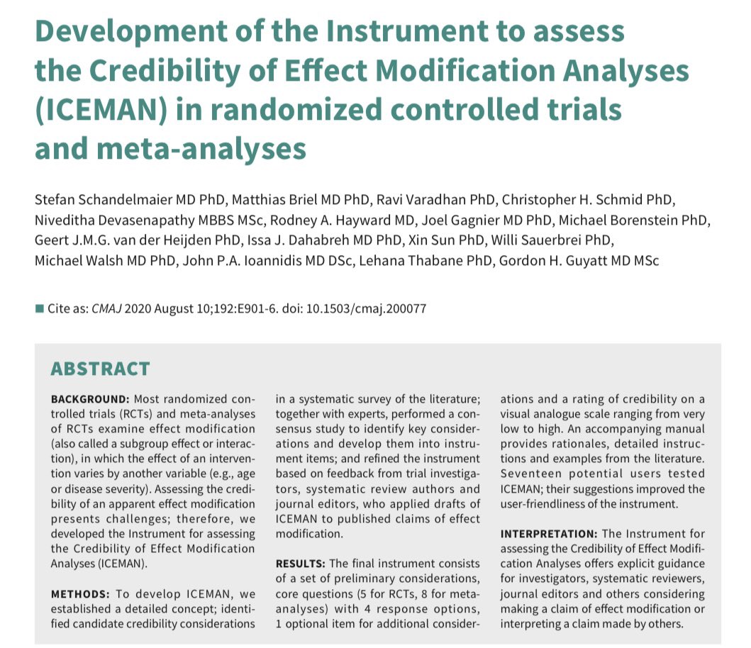 The #ICEMAN (Instrument to assess the Credibility of Effect Modification Analyses) tool was developed by Schandelmaier et al to help interpret observed subgroup/effect modification effects &amp; avoid over-reliance on interaction p-values 3/8
cmaj.ca/content/192/32…