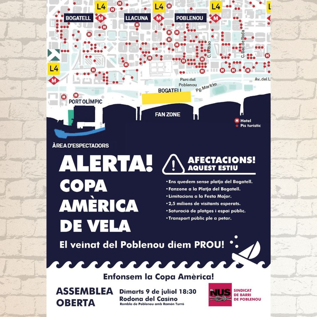 ⚠️ La Copa Amèrica ens afecta intensament al Poblenou, que ja pateix la massificació turística i la gentrificació. 

És hora d'informar-nos, organitzar-nos i mobilitzar-nos. 💪🏽

Ens veiem dimarts a les 18,30 a la Rodona del Casino (si cal empenyent els guiris per tenir espai).