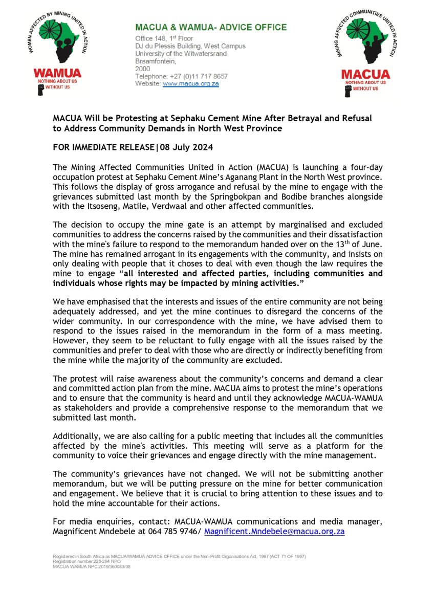 macua_sa's tweet photo. The Mining Affected Communities United in Action (MACUA) is launching a four-day occupation protest at Sephaku Cement Mine’s Aganang Plant in the North West province. This follows the display of gross arrogance and refusal by the mine to engage with the grievances submitted last month by the Springbokpan and Bodibe branches alongside with the Itsoseng, Matile, Verdwaal and other affected communities.
#MACUAWAMUA
#NothingAboutUsWithoutUs
#TotalShutDown
#Sephakucementmine