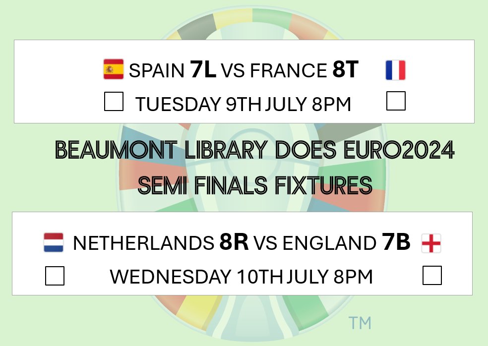 Beaumont Library (@beaulibrary) on Twitter photo ⚽️ Semi final symmetry: thanks to the beauty of tournament football, both the #EURO2024 midweek matches will see a <a href="/BeaumontSchStA/">Beaumont School</a> Year 7 class taking on a Year 8 class. Who will make the final?!! ⚽️ ⚽️ Semi final symmetry: thanks to the beauty of tournament football, both the #EURO2024 midweek matches will see a <a href="/BeaumontSchStA/">Beaumont School</a> Year 7 class taking on a Year 8 class. Who will make the final?!! ⚽️