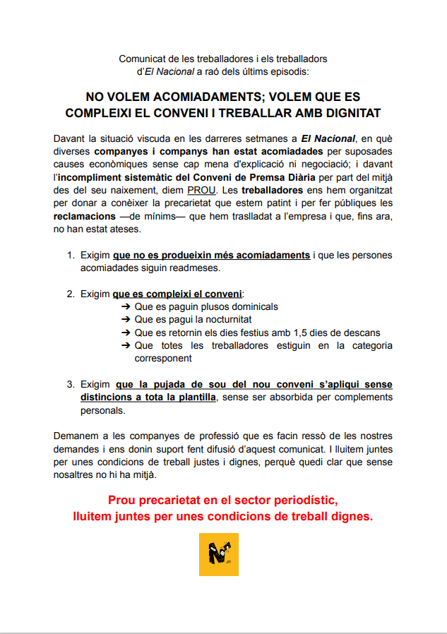 ‼️ COMUNICAT ‼️ 

Treballadores i treballadors d'El Nacional en lluita per unes condicions de treball dignes. 

Agraïm difusió. Tot suport és benvingut.