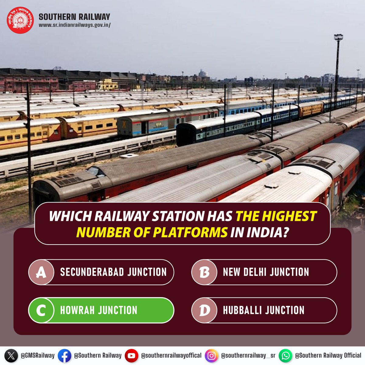 GMSRailway's tweet photo. The #RailwayStation has the highest number of platforms in India is #Howrah Junction.

#SouthernRailway #RailwayQuiz #TrainTrivia #IndianRailways #KnowledgeChallege #RailwayKnowledge https://t.co/wlNMscAEFu