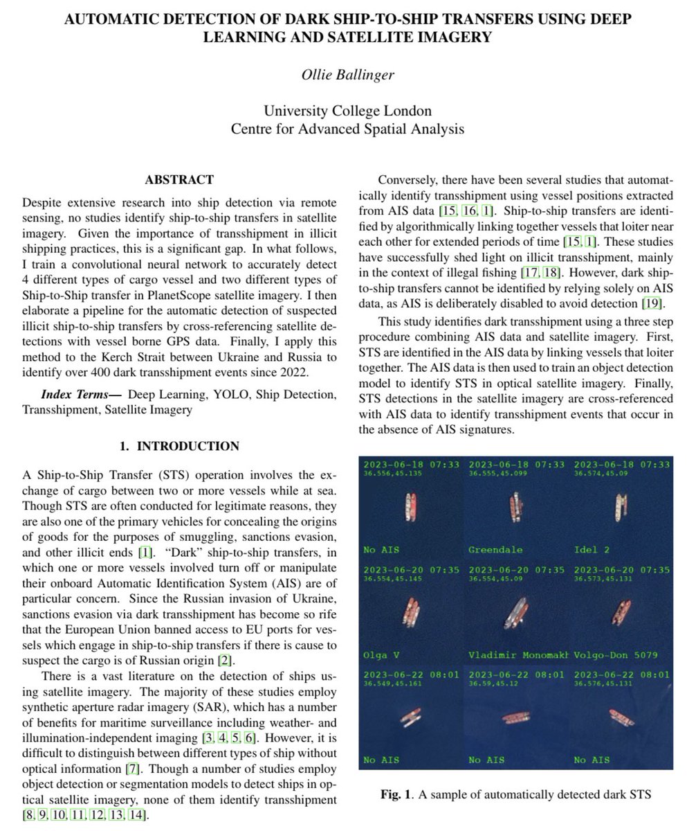 Excited to be at #IGARSS2024 where I’ll be chairing a session on object detection and presenting a paper on detecting dark ship to ship transfers in satellite imagery!🛰️🚢⛴️
arxiv.org/pdf/2404.07607