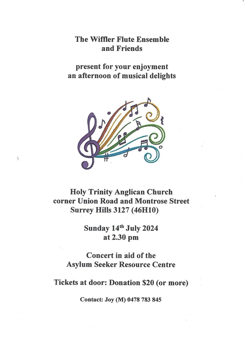 HolyTrinitySH's tweet photo. Last night in a nice warm church, Richard and HT's Evensong Choir were in fine form.
And whilst on music this coming Sunday, July 14 at 2.30pm The Wiffler Flute Ensemble and Friends will be presenting an afternoon of musical delights at HT in aid of the ASRC. Tickets: $20 https://t.co/7ELMTZ8bXw