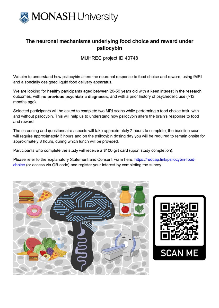 Claire Foldi (@clairefoldi) on Twitter photo We are recruiting!! Melbourne (preferably close to Clayton) people register your interest by taking the survey #psilocybin #food #reward <a href="/MonashBDI/">Monash Biomedicine Discovery Institute</a> We are recruiting!! Melbourne (preferably close to Clayton) people register your interest by taking the survey #psilocybin #food #reward <a href="/MonashBDI/">Monash Biomedicine Discovery Institute</a>