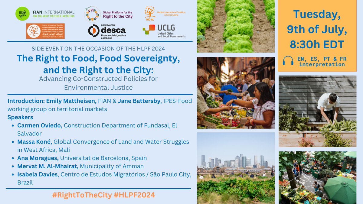 Today starts the #HLPF2024!

🟠GPR2C members &amp; allies will participate to address local &amp; global struggles and highlight the contributions of #RightToTheCity &amp; #RightToFood  to advance #ClimateJustice, #SDGs &amp; #NUA

Take a look at our events and join us!👇
right2city.org/events/gpr2c_h…
